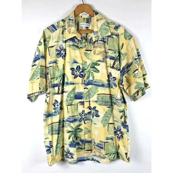 Pierre Cardin Hawaiian Shirt Mens Large Button Down Tropical Ocean Yellow Floral - Picture 1 of 5